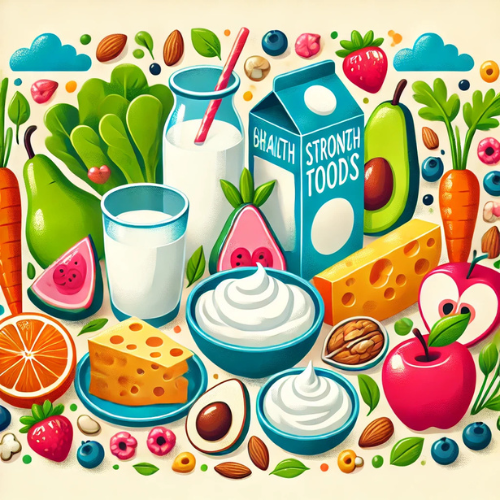 Healthy foods for strong teeth in kids, including dairy, fruits, vegetables, and nuts