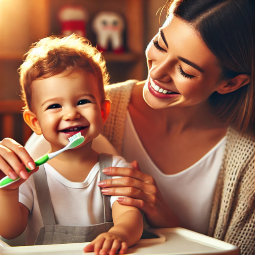 Baby's first teeth emerging from gums, showing early teething stage.