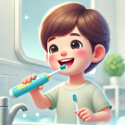 Child using an electric toothbrush with a happy smile