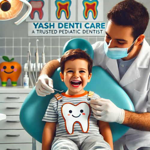 A happy child receiving their first dental check-up at Yash Denti Care, the trusted pediatric dentist in Gachibowli.