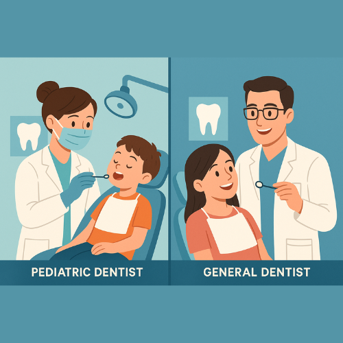 A comparison between a pediatric dentist and a general dentist, highlighting specialized care for children versus general dental care for all ages.