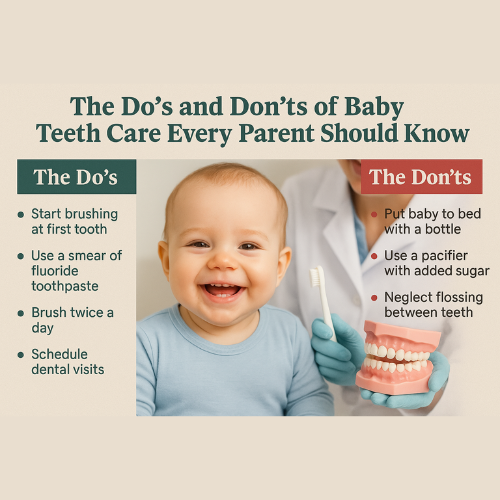 Smiling baby with healthy teeth receiving dental care guidance.