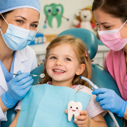 Smiling baby with healthy teeth receiving dental care guidance.